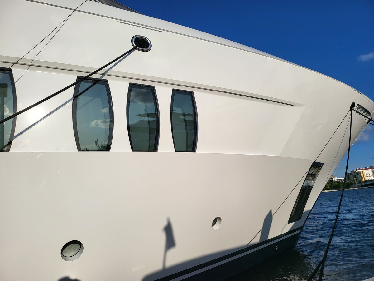 Close view of yacht bow and hull in daylight